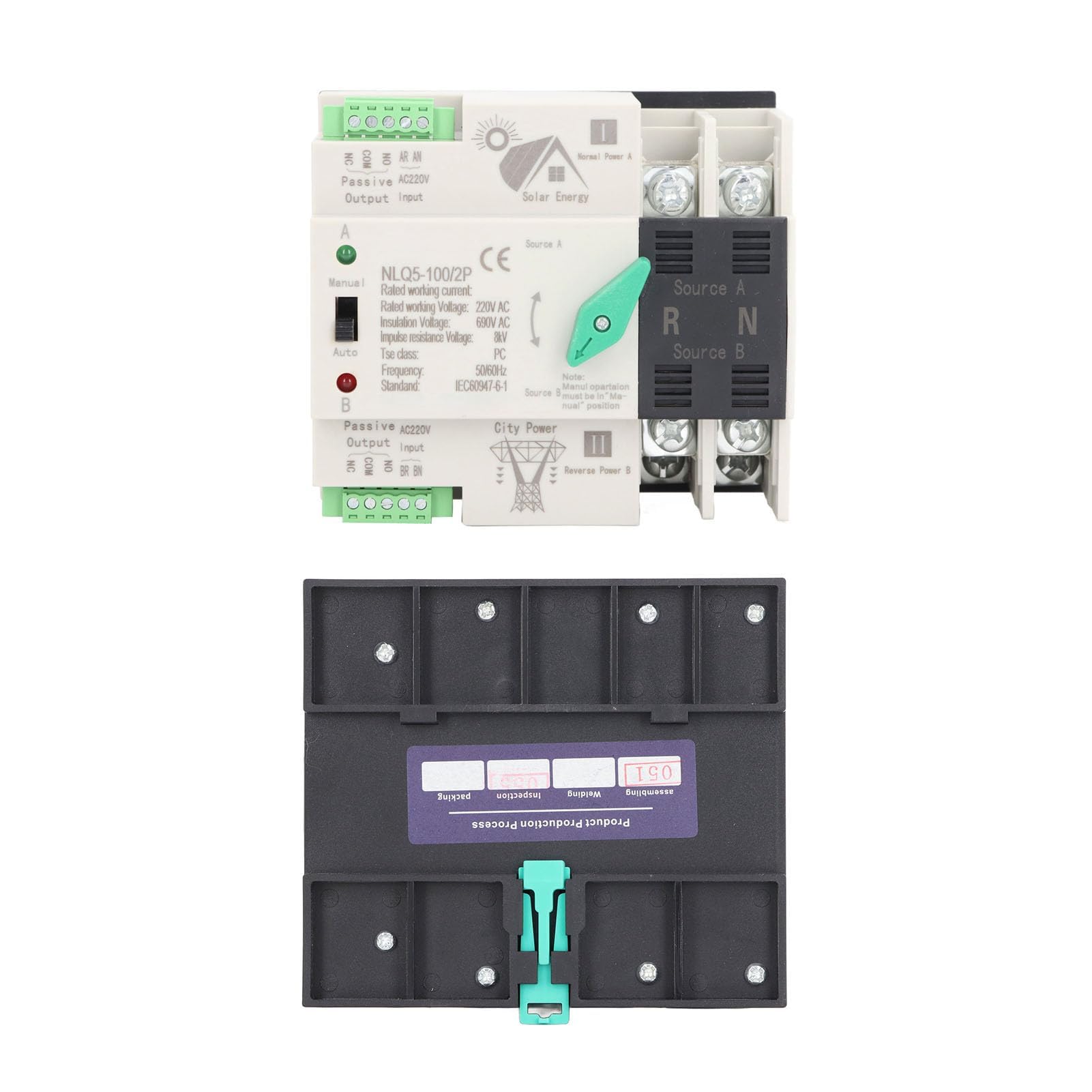 Interruttore di Trasferimento Automatico a Doppia Alimentazione 2P Mini ATS 35mm Commutatore per Generatore su Guida DIN AC220V per Fabbriche Centri Commerciali (100A)