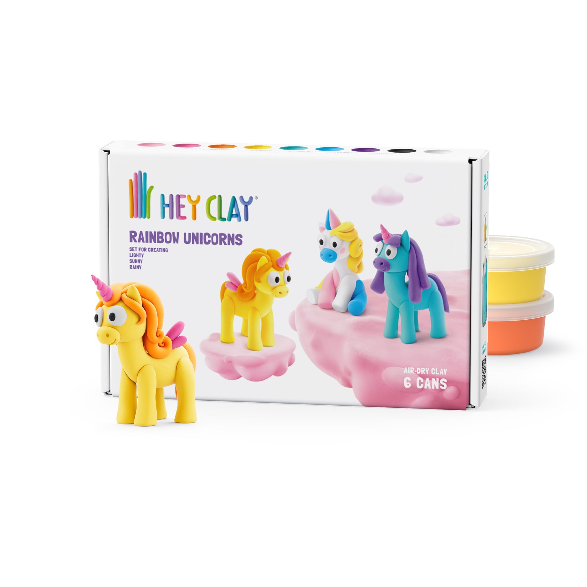 HEY CLAY Colorful Modeling Air Dry Clay for Kids 6 cans with Fun Interactive Instructions App - Kids Activities Age 3+ (Rainbow Unicorns: Lighty,