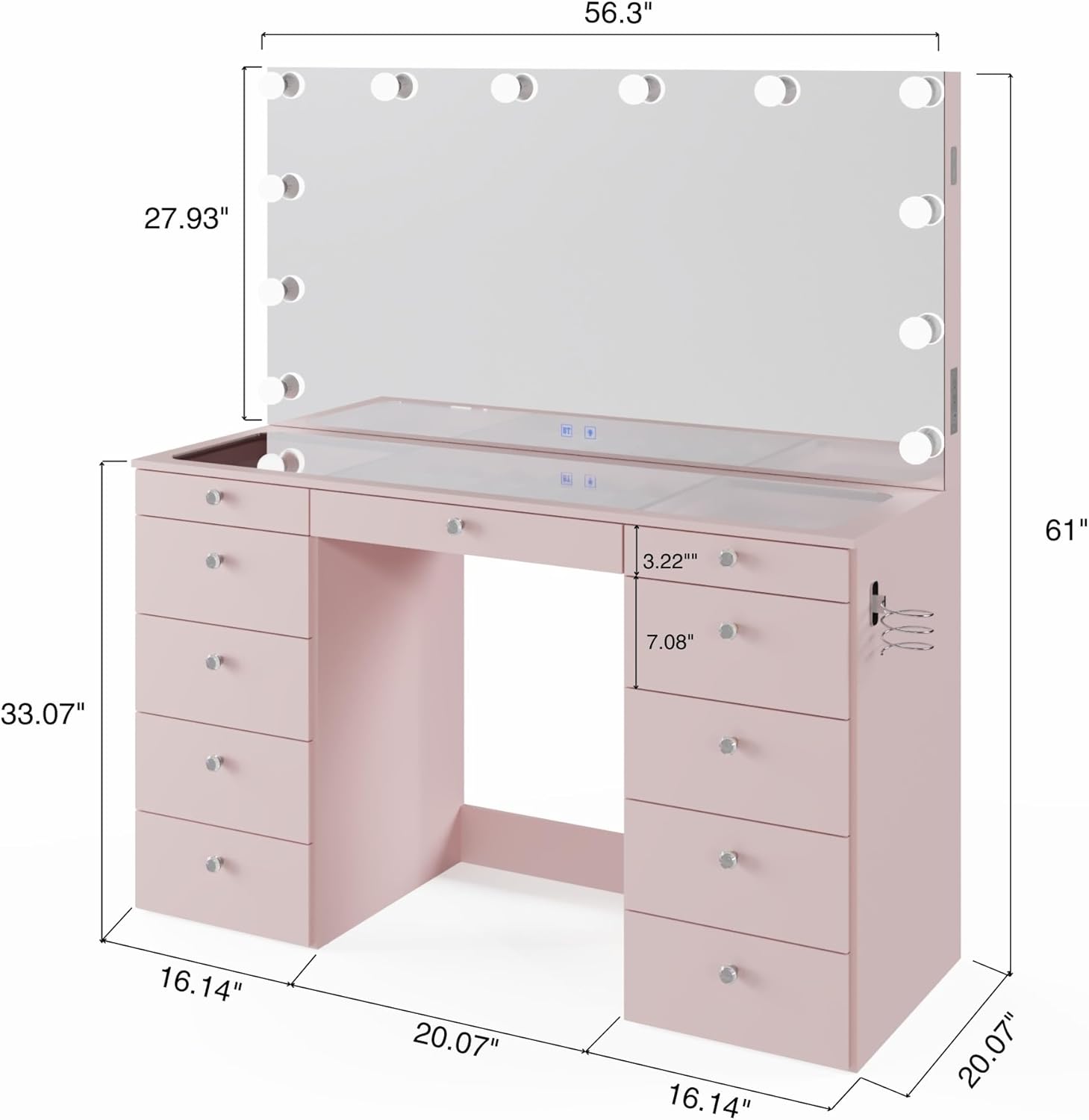 Boahaus Orla Extra-Large Makeup Vanity Desk with Hollywood Lights, 11 Drawers, Hair Dryer Hanger, USB Type-C & Type-A, Power Outlet for Beauty Tools, Glass Top, Crystal Knobs Premium Pink Finish