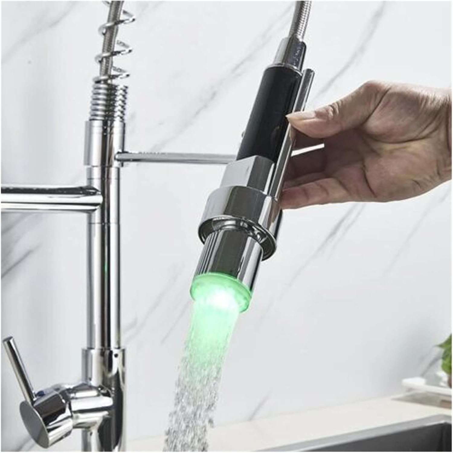 Spring LED Kitchen Faucet Chrome Plated Pull Out Sprayer Dual Spout Single Handle Mixer Faucet Sink Faucet 360 Swivel Kitchen Faucet(Chrome LED A)