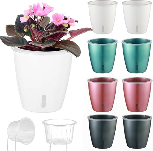 Miniatura 34 de Macetas de autorriego para plantas de interior, paquete de 6 macetas de riego automático de 5 pulgadas con orificios de drenaje, macetas pequeñas