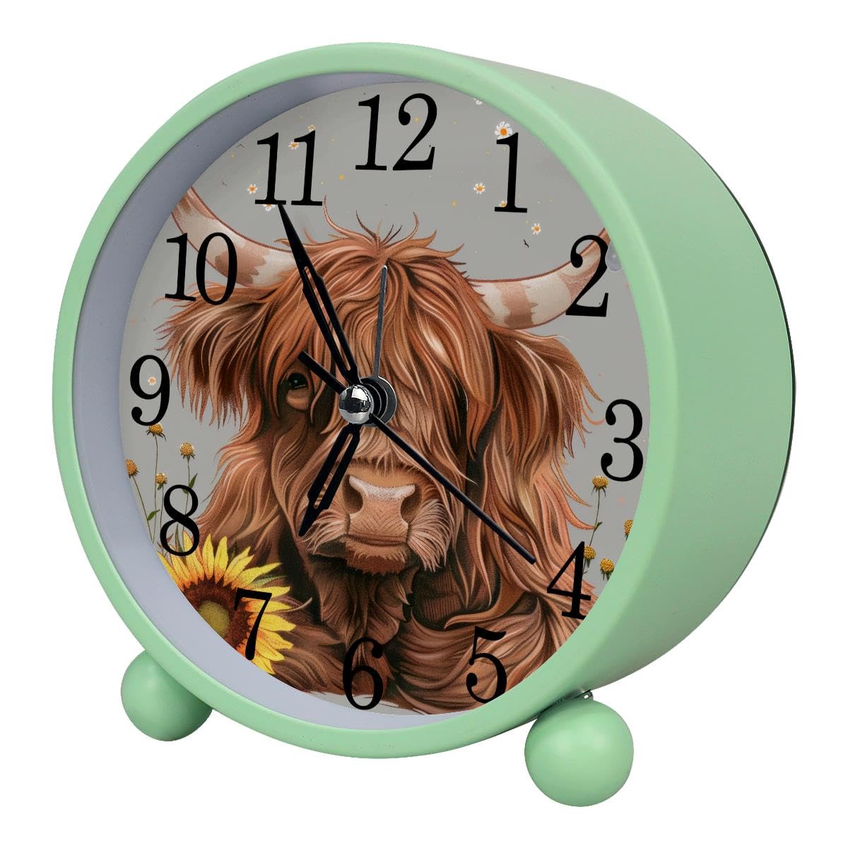 Alarm Clock Highland Cow Sunflower, Silent Non-Ticking with Night Light