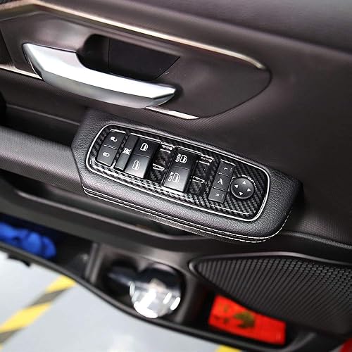 Miniatura 2 de Korlot Cubierta de panel de interruptor de ventana de fibra de carbono para Dodge Ram 1500 2019-2024