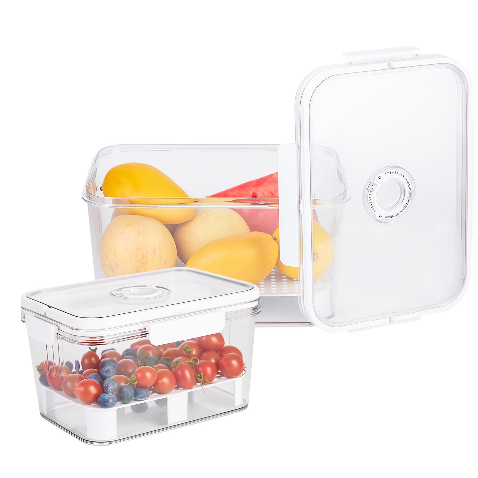 2 PCS Fruit Storage Containers for Fridge with Timer & Strainer, 5.5L+2.3L Bread Box BPA-Free Produce Keepers Leakproof Food Containers with Handle Airtight Lids for Vegetables Fruit Meat Fresh Longer