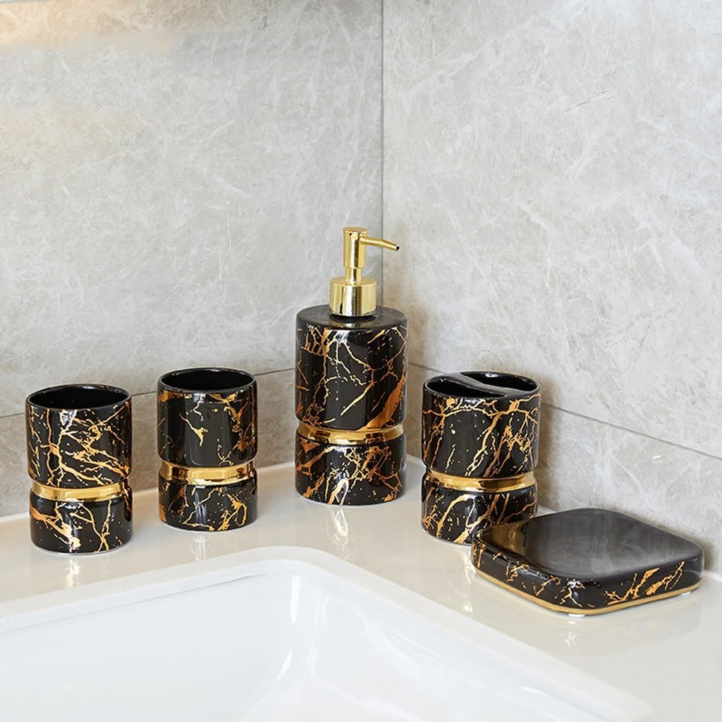 Bathroom Supplies Bathroom Marble Pattern Lotion Bottle/Toothbrush Holder/mouthwash Cup(Black)