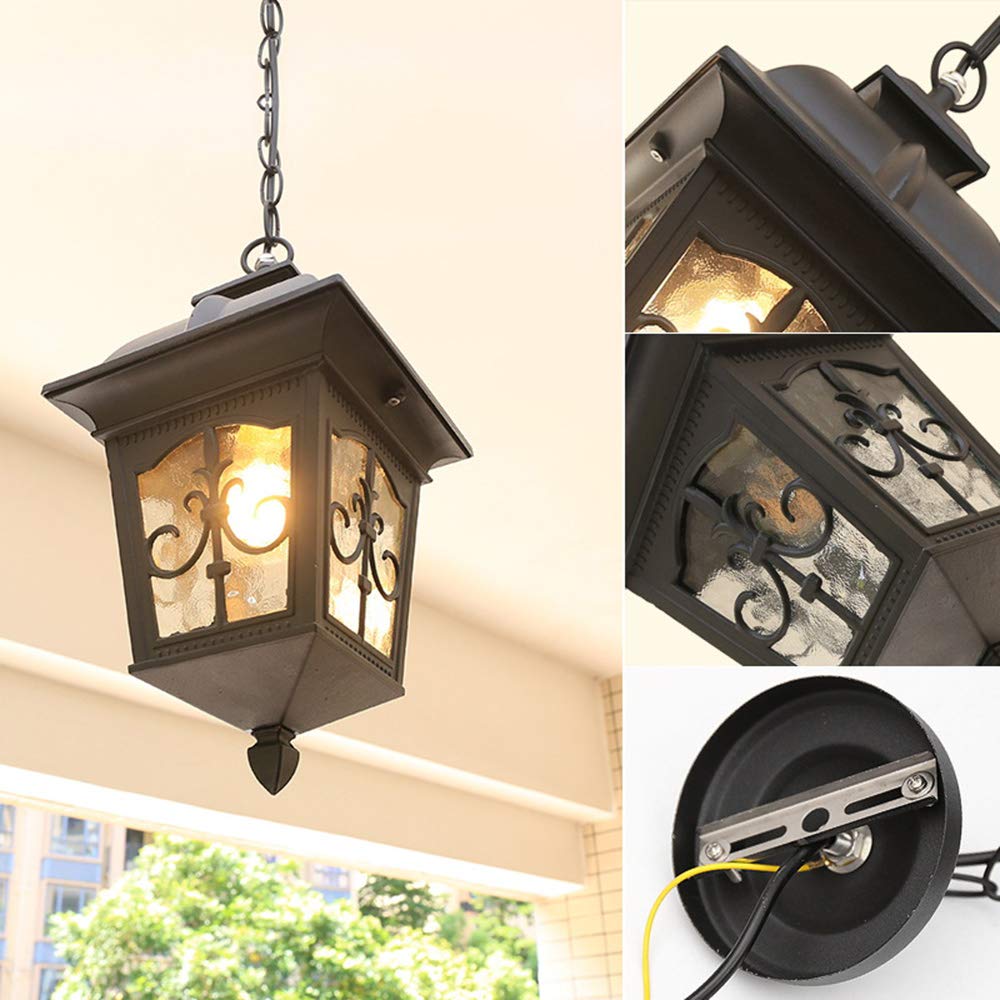 Mengjay E27 Lámparas colgantes para exteriores Negro Retro IP44 Vintage Industrial Hierro Iluminación de techo A prueba de lluvia Impermeable Pabellón Villa Loft Araña Luz exterior (J)