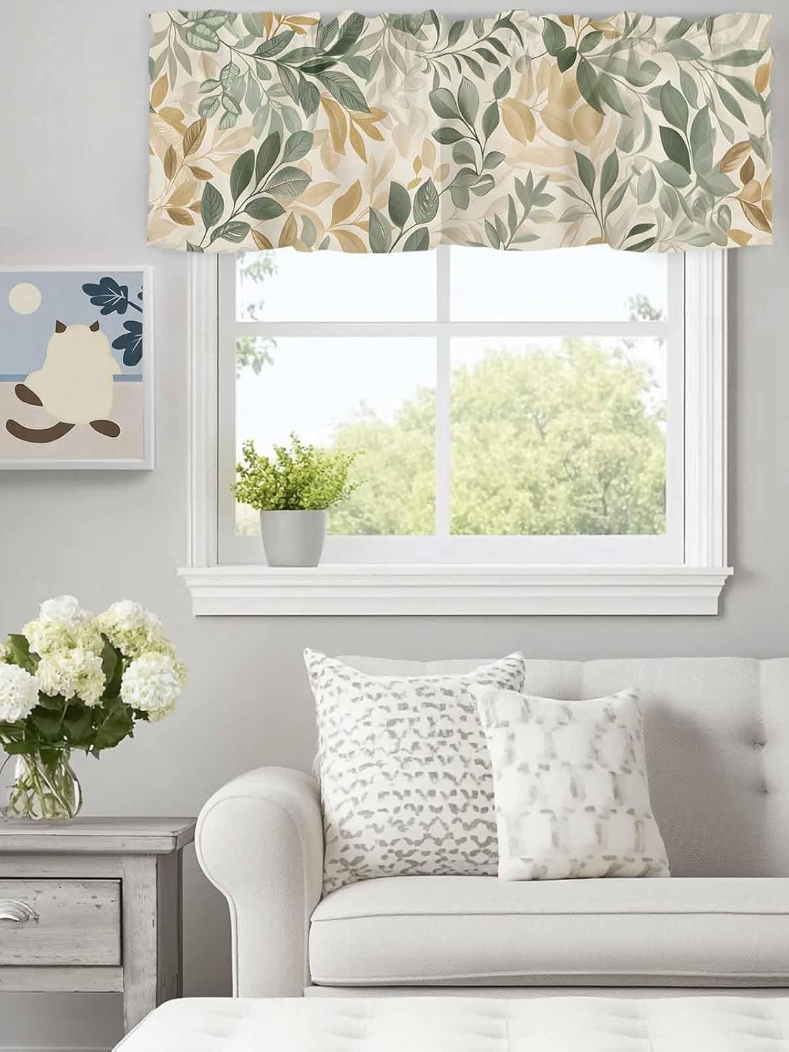 Sage Green Leaf Valances for Windows, Spring Plant Rod Pocket Short Curtains Kitchen Valance for Bedroom Bathroom Living Room, Country Leaves Seamless Small Window Treatment,1 Panel 54x18in