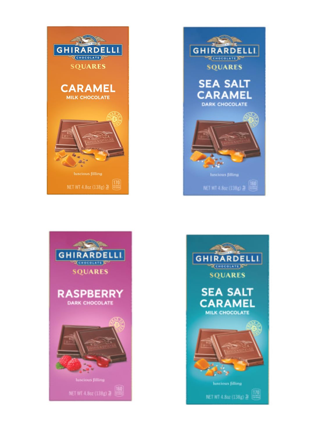 GhirardelliSquare Bar Variety Set 19.2 oz (One Caramel, One Sea Salt Caramel Milk, One Sea Salt Caramel Dark, and one Raspberry Dark Square Bar) - Pack of 4-4.8 oz Bars