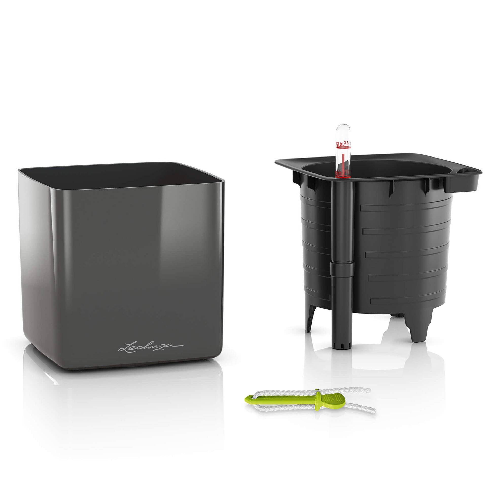 LECHUZA Cube, 16 maceta de riego automático, pequeña, maceta para interiores sin agujeros de drenaje, poliresina, H16 L17 W17 cm, color carbón brillante