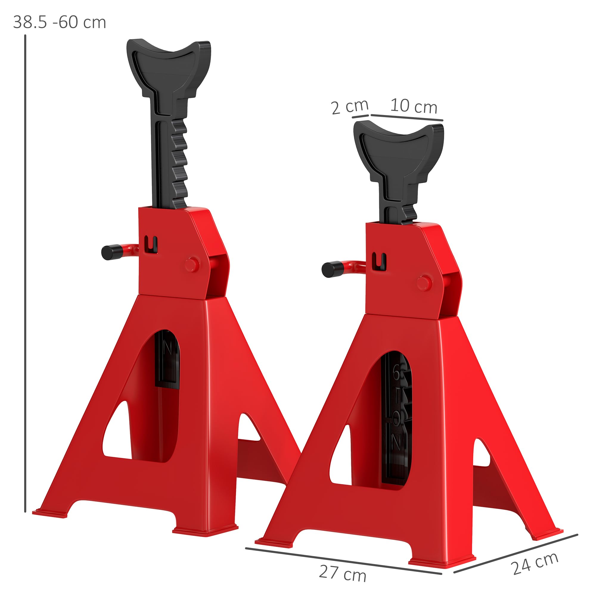 HOMCOM Set di 2 Cavalletti per Auto 6 T Totale, Coppia di Cavalletti di Sostegno con Altezza di Sollevamento Regolabile da 38.5-60 cm, in Acciaio al Carbonio e Ghisa, Rosso e Nero