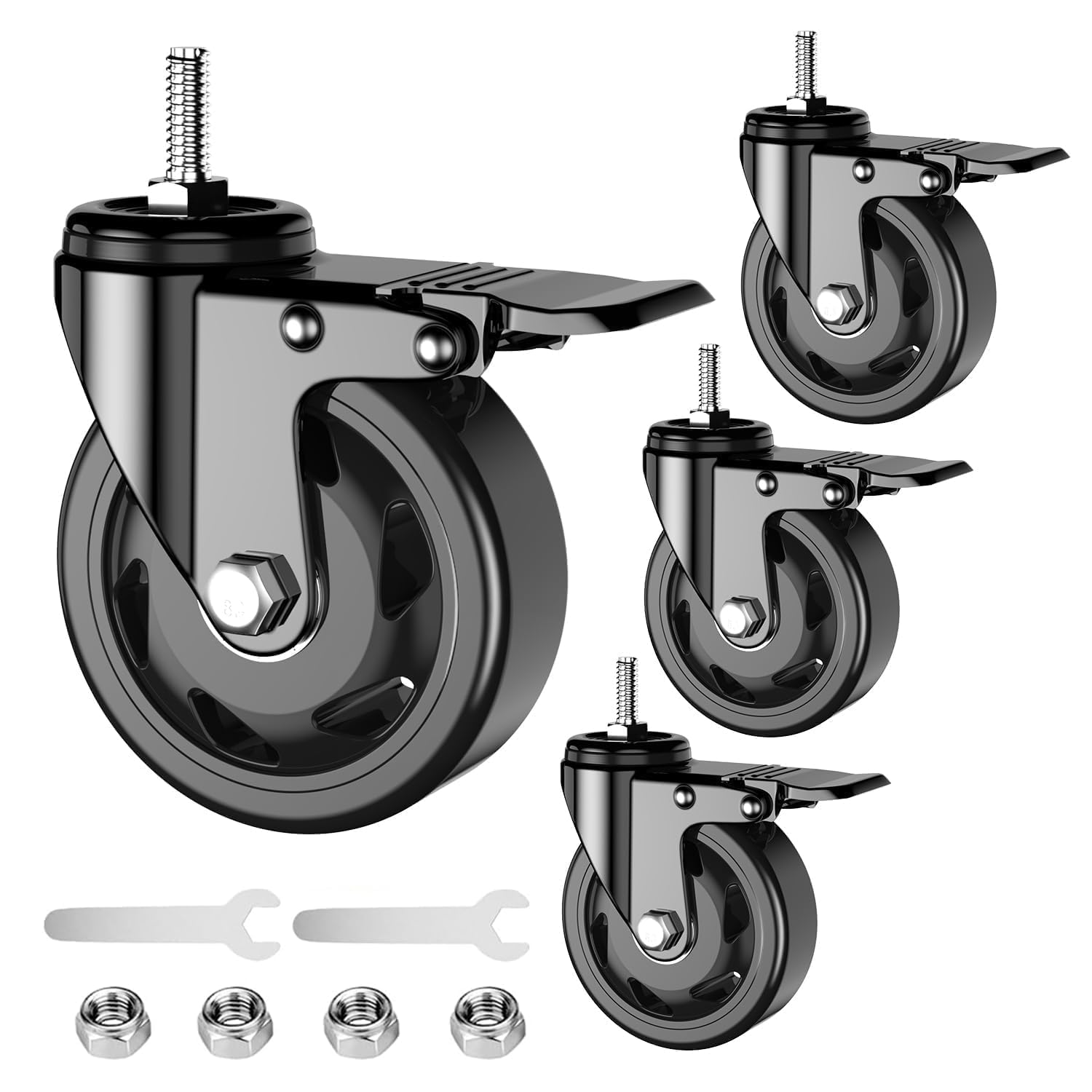 Sohnvwtgd Black-3/8"-16X1" 4 Inch Stem Caster Wheels, 3/8"-16 X 1(Stem Diameter 3/8", Length 1"), Threaded Stem Casters Set Of 4 Heavy Duty 2000Lbs, Swivel Casters With Brake, Industrial Castor Wheels For Furniture, Workbench