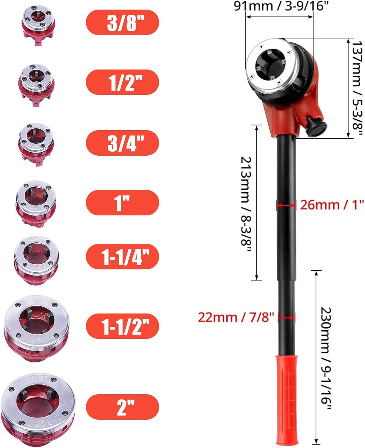 Pipe Threader Ratchet Kit, 7 Dies (3/8” to 2”), Manual Handheld Threading Tool with Ratchet Head, Extension Bars, and Carrying Case for BSPT Pipe Threading