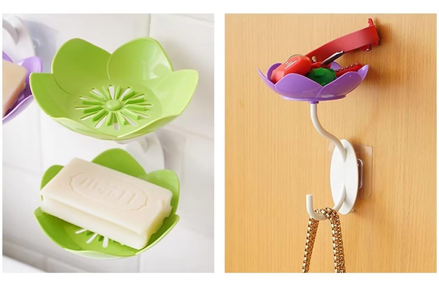 Jabonera de doble capa para ducha, bandeja adhesiva con forma de loto, para montar en la pared, champú, sin perforación, autodrenante, ahorrador de tazas, barra de baño, bañera, cocina, color rosa 5