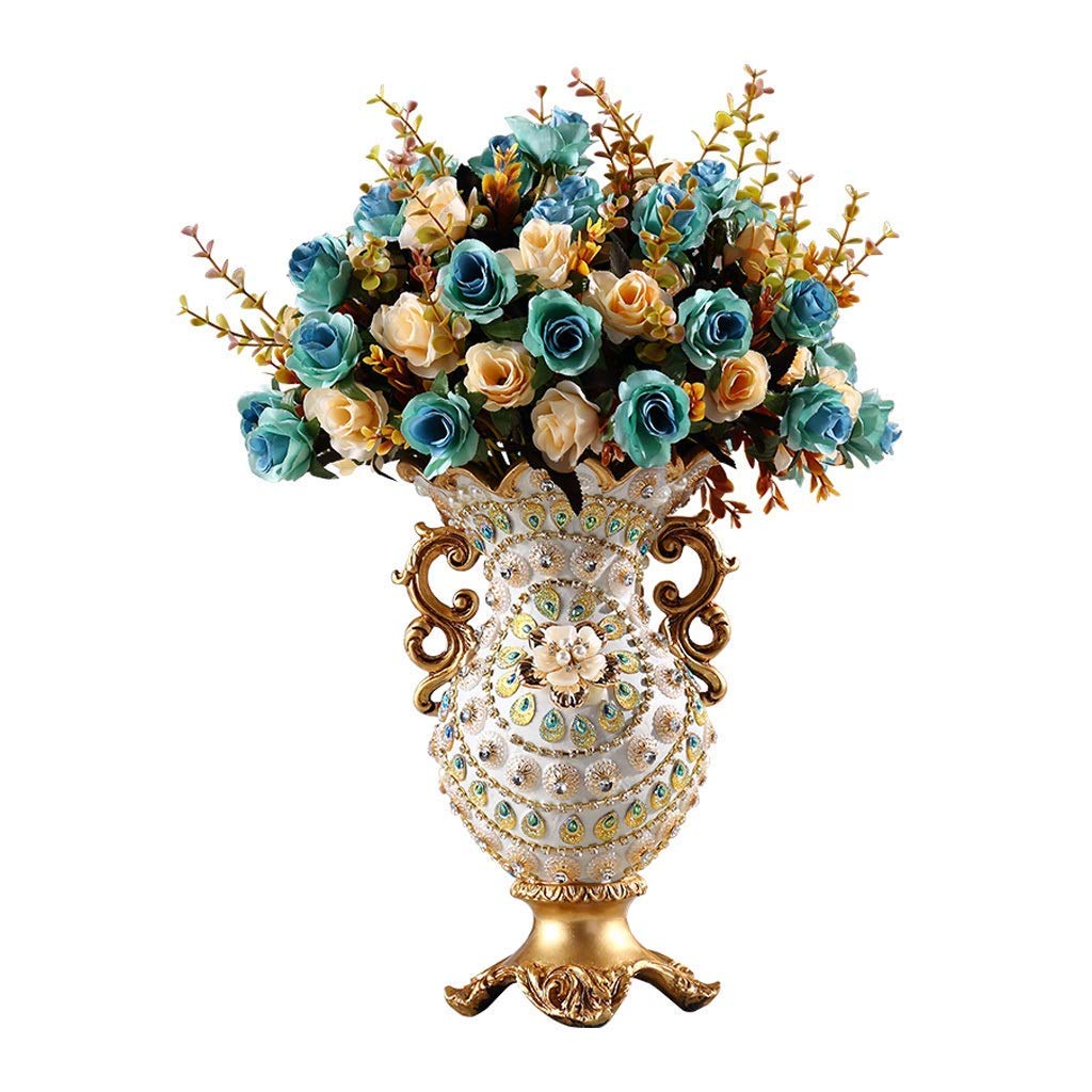 XDLEDMKIZ Realistic Artificial Flower Artificial Rose Fake Flower Artificial Flower Bouquet Luxury Resin Vase Arrangement Home Porch Decoration Bouquet Silk Fake Flower
