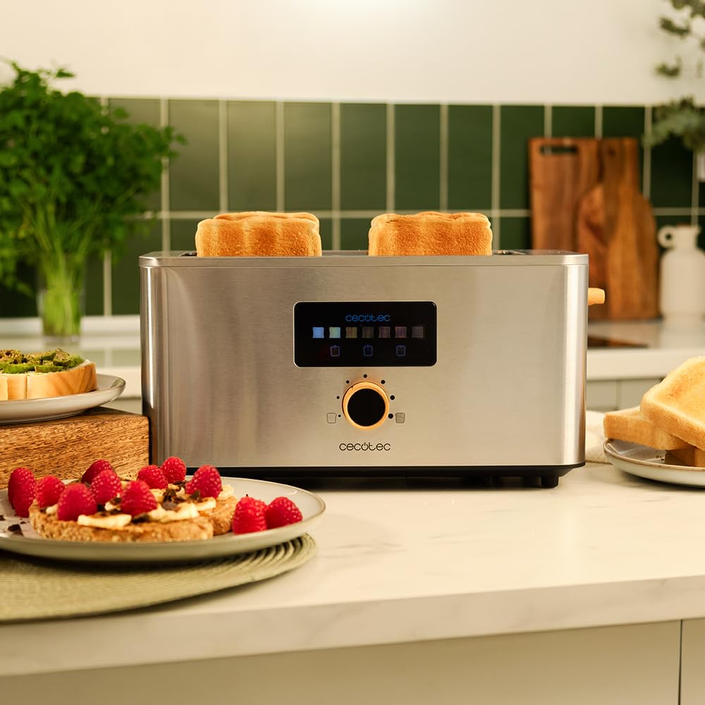 Cecotec Tostadora Vertical 2 Ranuras Largas Touch&Toast Extra Double. 1500 W, 4 Rebanas de Pan, Ranuras Extra Anchas 3,5 cm, Pantalla Táctil y Perilla Digital, Acabados en Acero Inoxidable