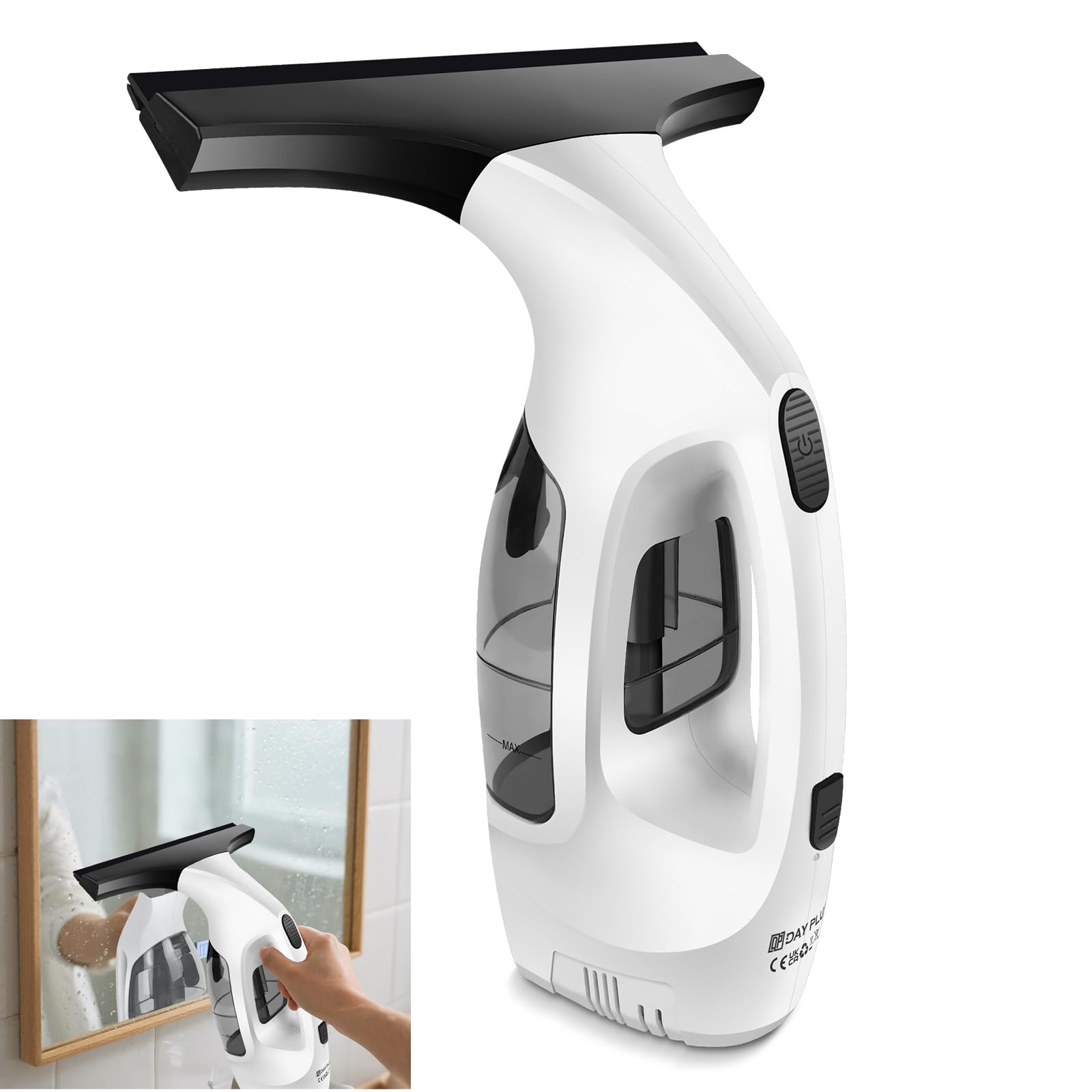 DayPlus Kabelloser Fensterreiniger Wiederaufladbar mit 3500mAh Batterie, mit 28cm Squeegee und 24cm Mocrofiiber Tuch für Fenster, Fliesen, Spiegel