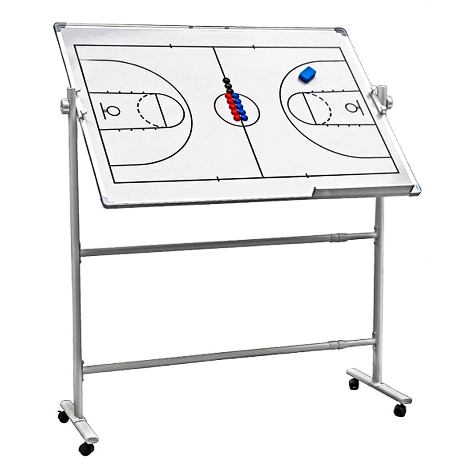 Mobilna tablica szkoleniowa na kółkach, dwustronna tablica trenerska z diagramem boiska, metalowy stojak z regulacją wysokości, kółka jezdne, akcesoria magnetyczne Basketball