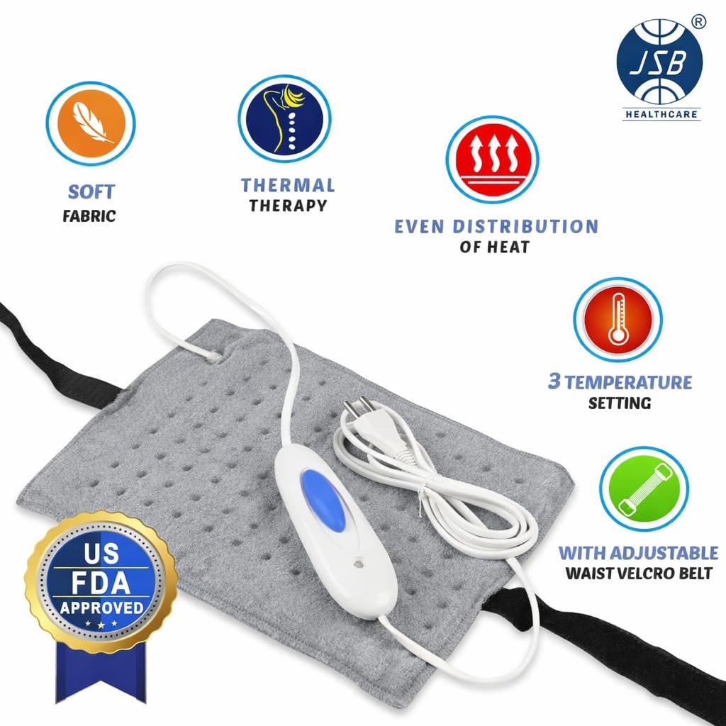 JSB H03 Electric Heating Pad for Period Cramps Back Pain Relief with Velcro Strap Handsfree Use Multipurpose for Back, Shoulder & Legs Pain Relief with Adjustable Temperature 1