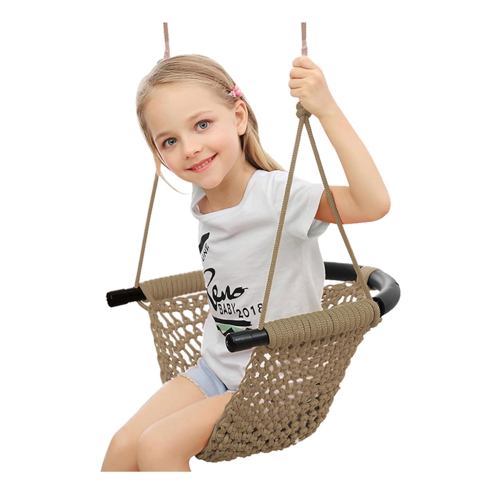 Swing Seat For Kids，Little Swing Set，Hand-Knitting Toddler Swing With Adjustable Ropes, Rope Play Swing Set For Tree, Outdoor Indoor, Playgroun (khaki) — image 1