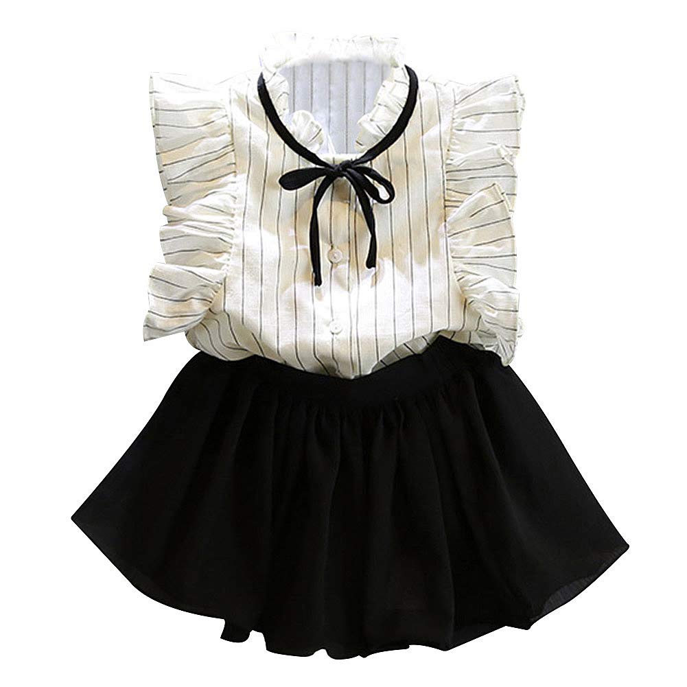 amropi Niña Raya Volante Fruncido Manga Loto Collar Tops y Pantalones Cortos Conjunto de Ropa por 3-8 años