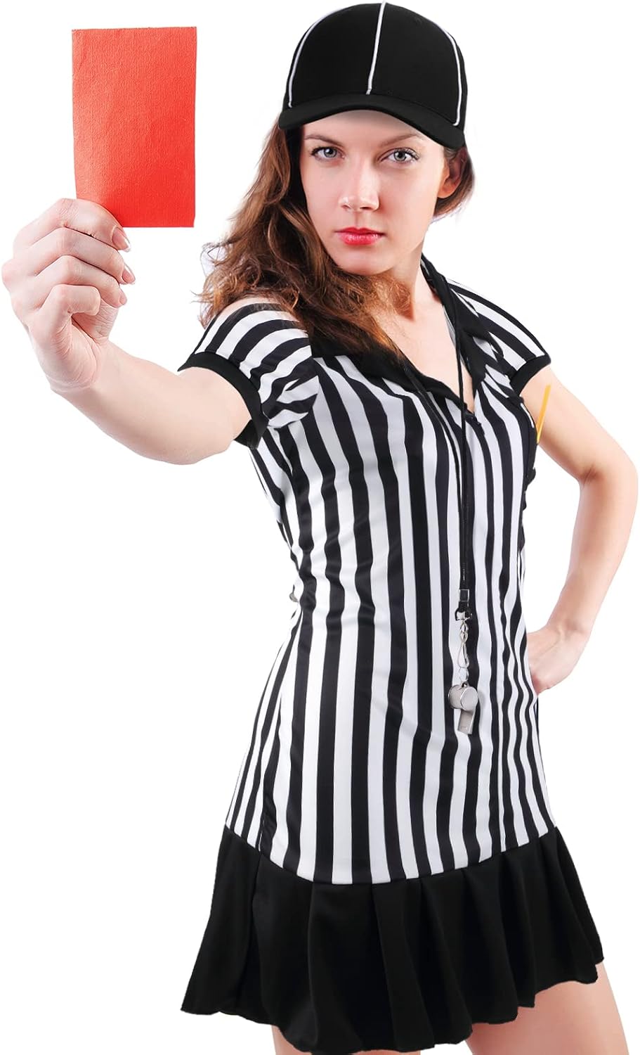 SATINIOR 5 Pcs Women Referee Costume Set Black & White Stripe Referee Zipper Collar Shirt Official Referee Hat Long Socks Stainless Whistle with Lanyard Yellow Penalty Flag for Halloween Cosplay : Sports & Outdoors