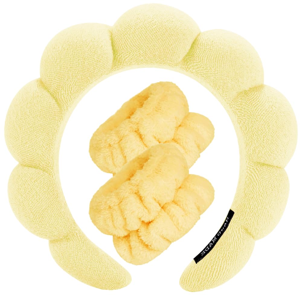 Spa Headbands for Washing Face Wristband Set Sponge Makeup Skincare Headband Wrist Towels Bubble Soft Terry Towel Cloth Hairband for Women Puffy