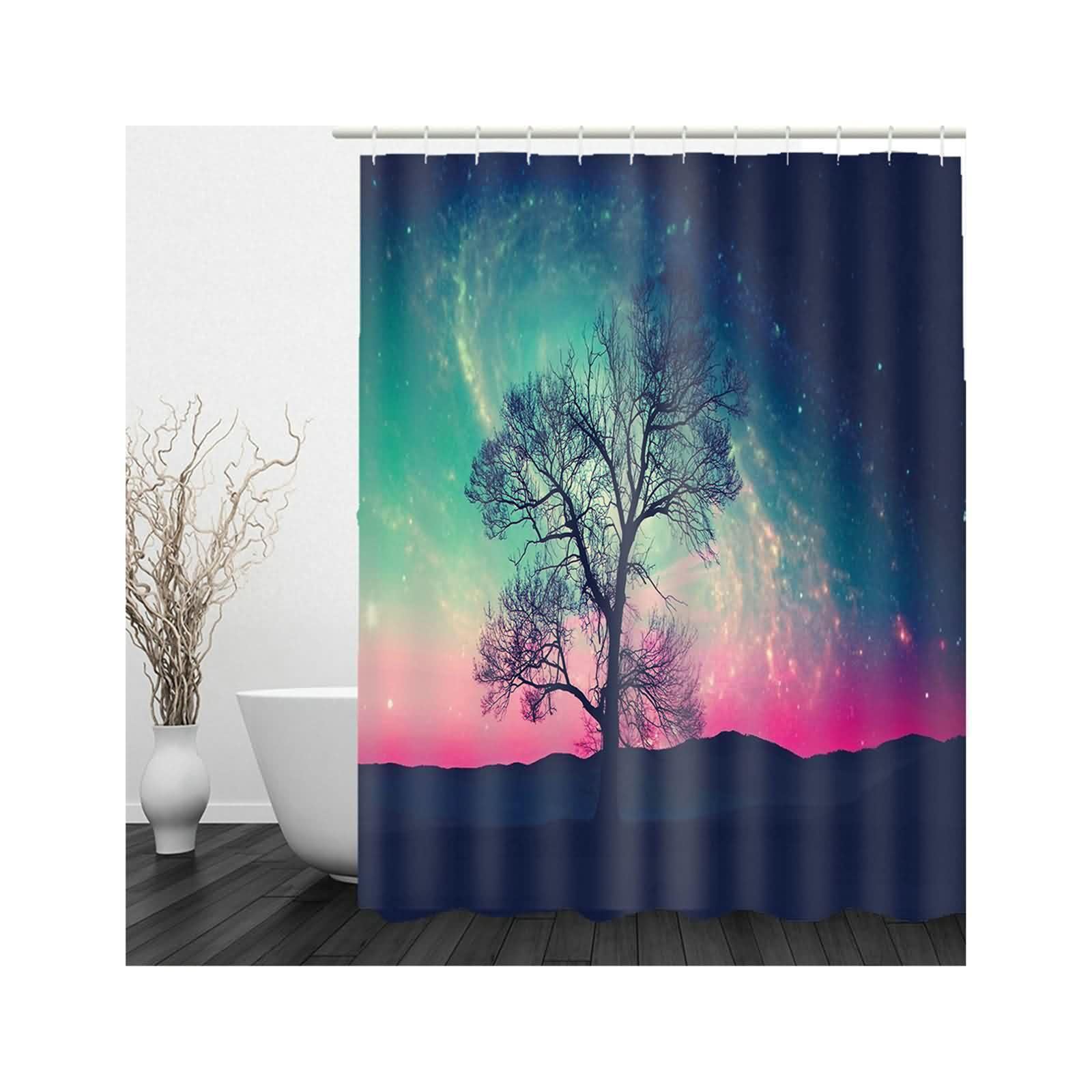 Rideau de salle de bain arbre de nuit bleu et vert pour créer un espace bien-être