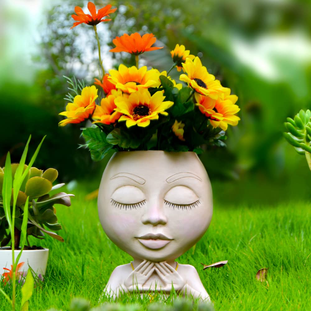 BXLE Cool Face Planter Pots, Unique Head Planters Cute Girl Flower Pot, Female Bust Statue Vase, Resin Garden Hollow Heads with Hole for Indoor Plants, Closed Eyes Lady Container No Succulents Hair