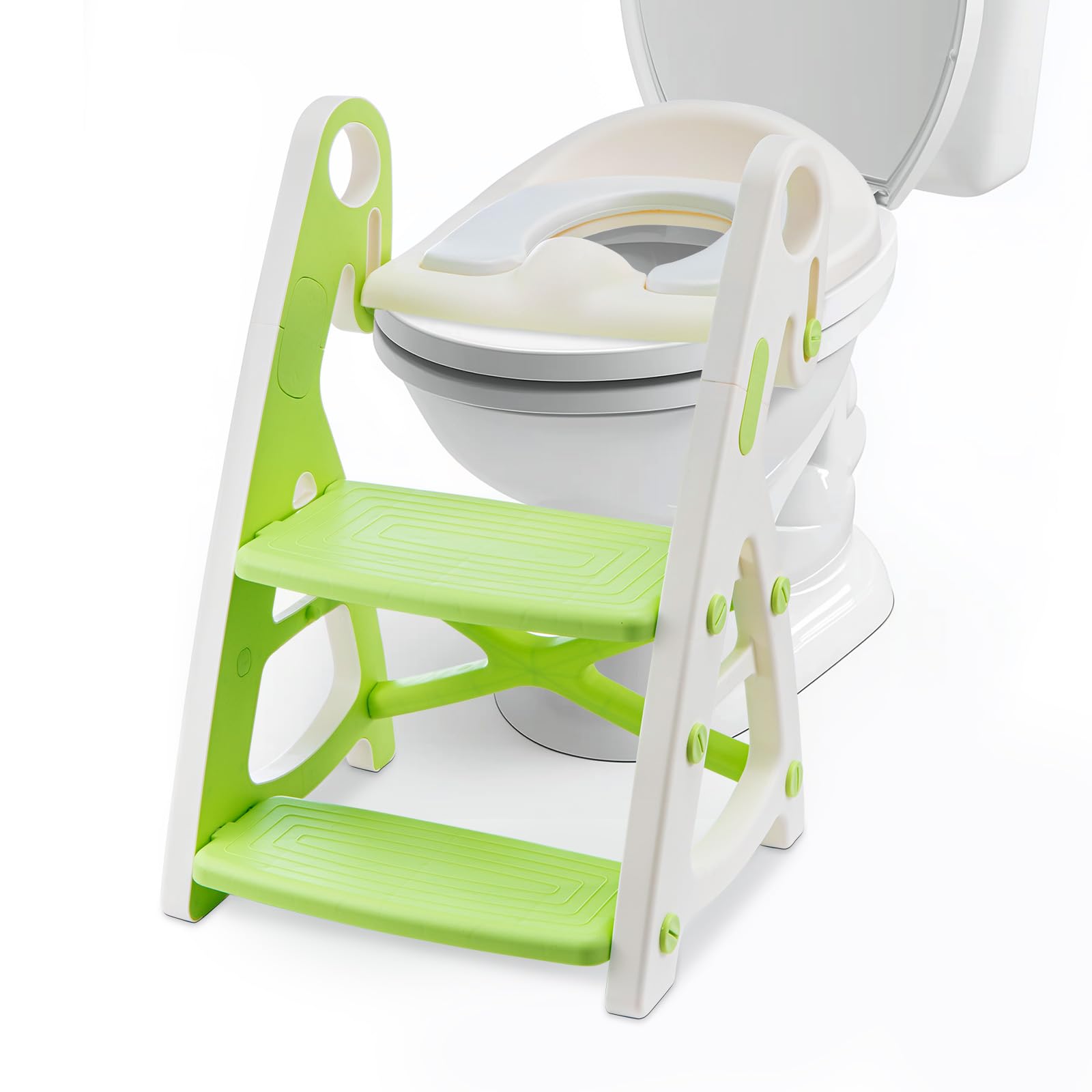 Holdfiturn Potty Training Seat Toilet Seat Kids Adjustable Potty Ladder Seat for Toilet Training with Steps Handle Soft Cushion Design 2 in 1 Potty Training Toilet Seat (Green)