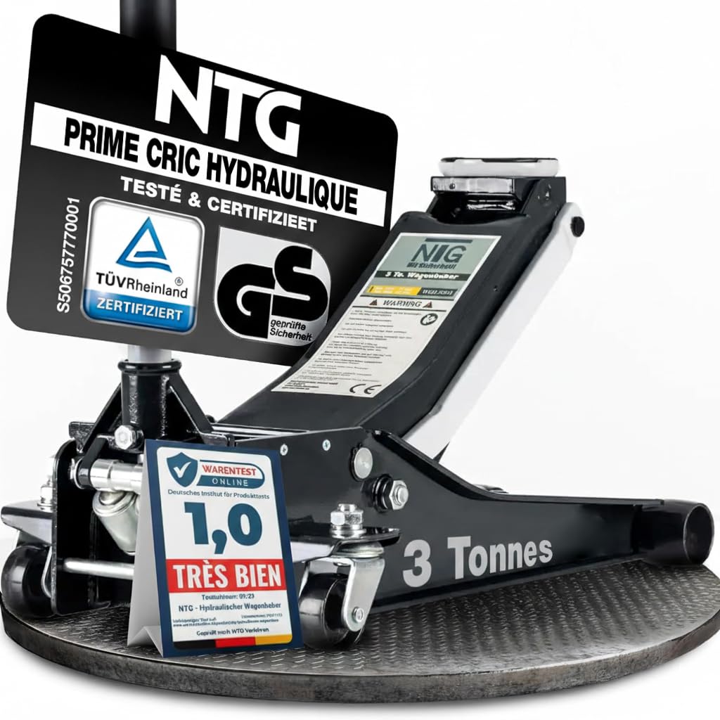 NTG HYDRAULISCHER WAGENHEBER 3T – TÜV-Zertifiziert, Flacher Wagenheber Hydraulisch mit Doppelzylinder – 75–505 mm Hubhöhe – Extra Stabiler Rangierwagenheber 3 Tonnen für PKW & SUV