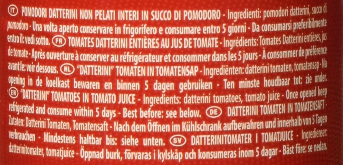 48 x Mutti Pomodorini Datterini Tomates cherry Datterini Sabor dulce forma alargada Salsa italiana Tomates 400 g lata