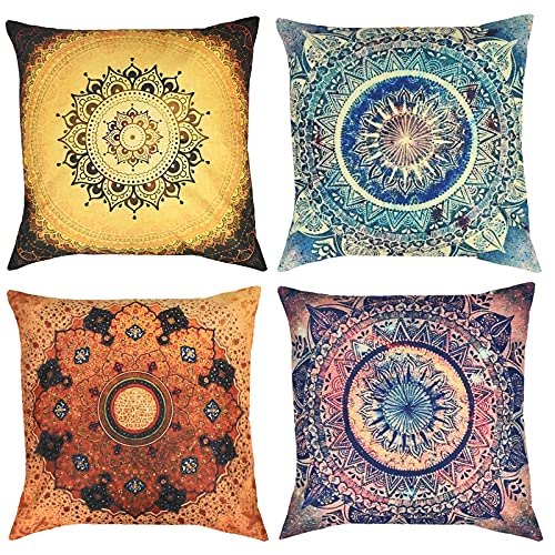 YancLife 4 fundas de almohada de 45 x 45 cm, india hippie bohemia mandala con diseño de flores decorativas, cojín de algodón universal de lino para salón y dormitorio Cover