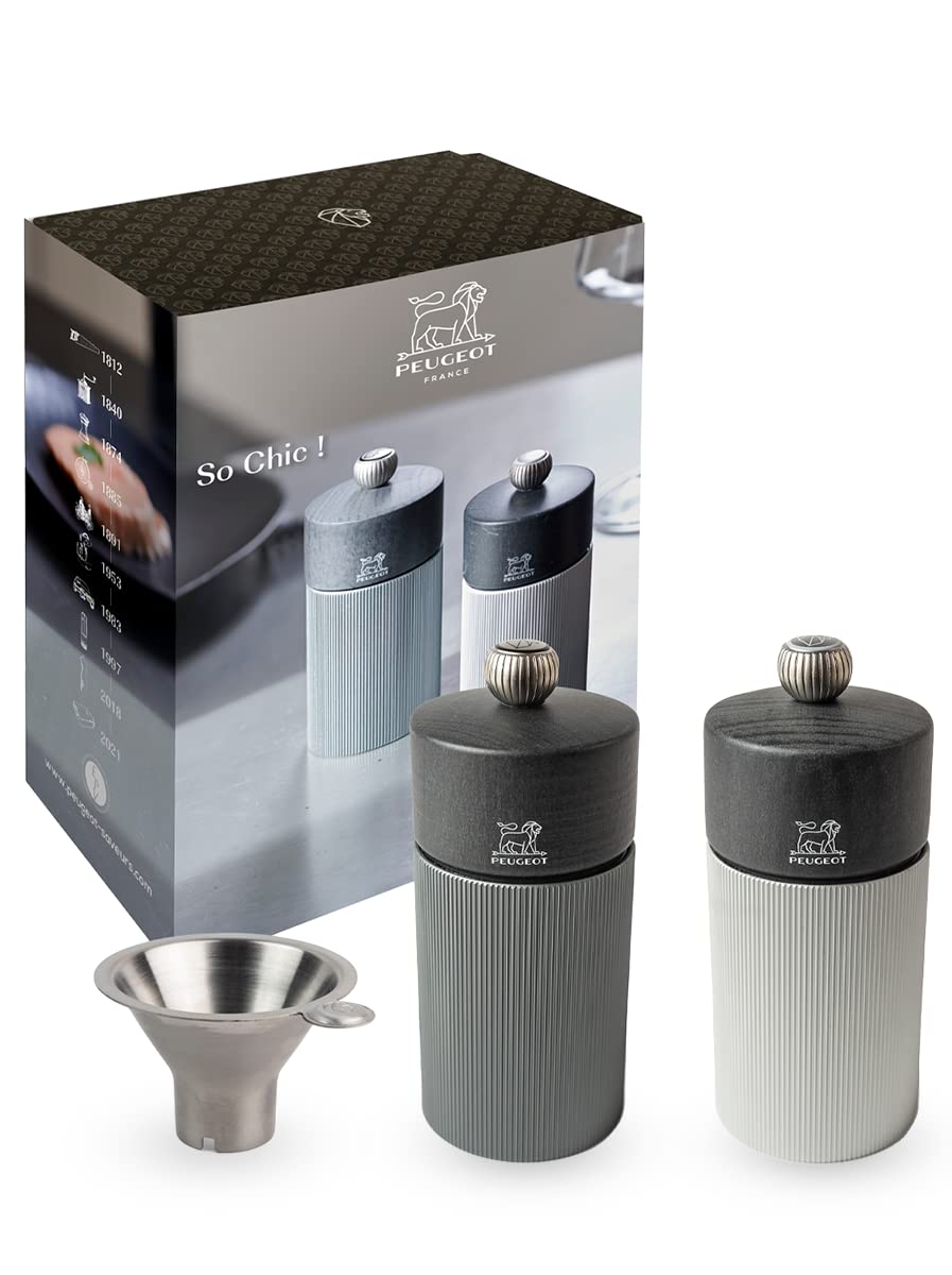 PEUGEOT - Coffret Cadeau Duo Line - Moulin à Poivre + Moulin à Sel 12 cm + Entonnoir à Épices - Réglage Classique - Aluminium + Bois PEFC - Fabrication Française - Coloris Carbone