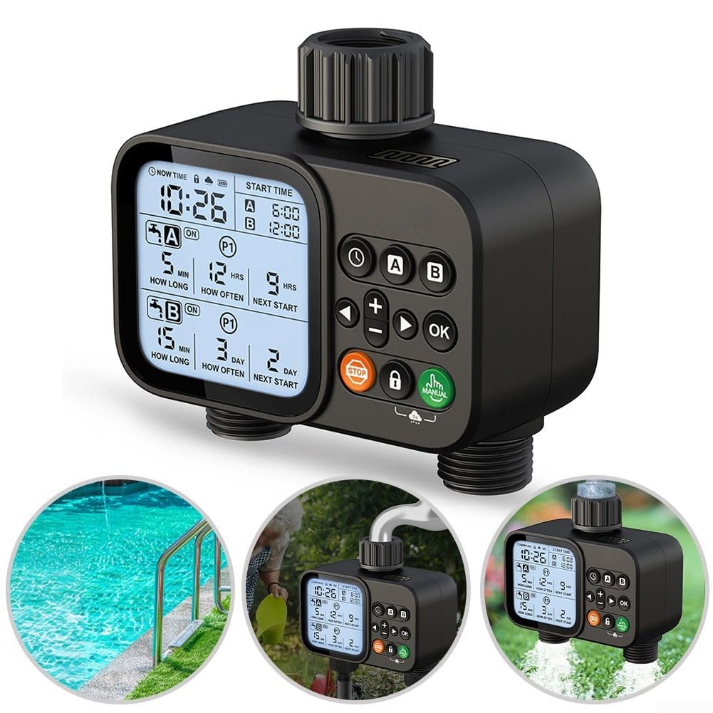 Per timer di irrigazione per prato Programmatore rubinetto esterno doppia uscita regolatore di irrigazione automatico 2 per zona timer tubo da giardino con sostituzione manuale