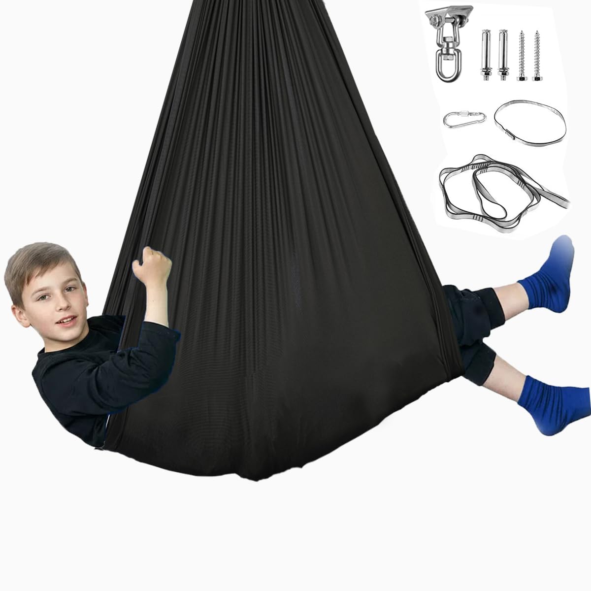 Sensory Swing for Kids &amp; Adults, Indoor Kids Swing Hammock with 360° Swivel Hanger Kit for Autism, ADHD, SPD, Snuggle Swing Holds up to 300lbs has a Calming Effect (Black)