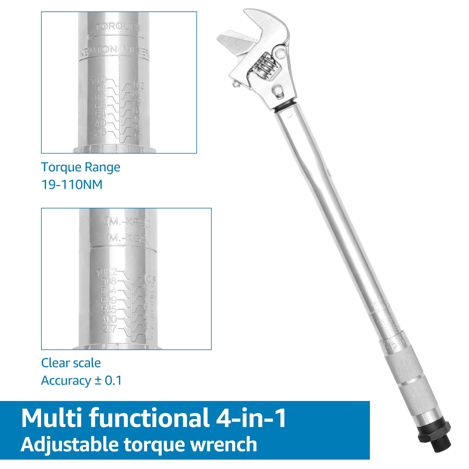 Adjustable Torque Wrench 19 to 110 Nm Torque Spanner 43mm Wide Jaw 4 in 1 Repair Tool Aluminium Alloy Torque Wrench for Carpentry Garage Workshop Repair - Image 2