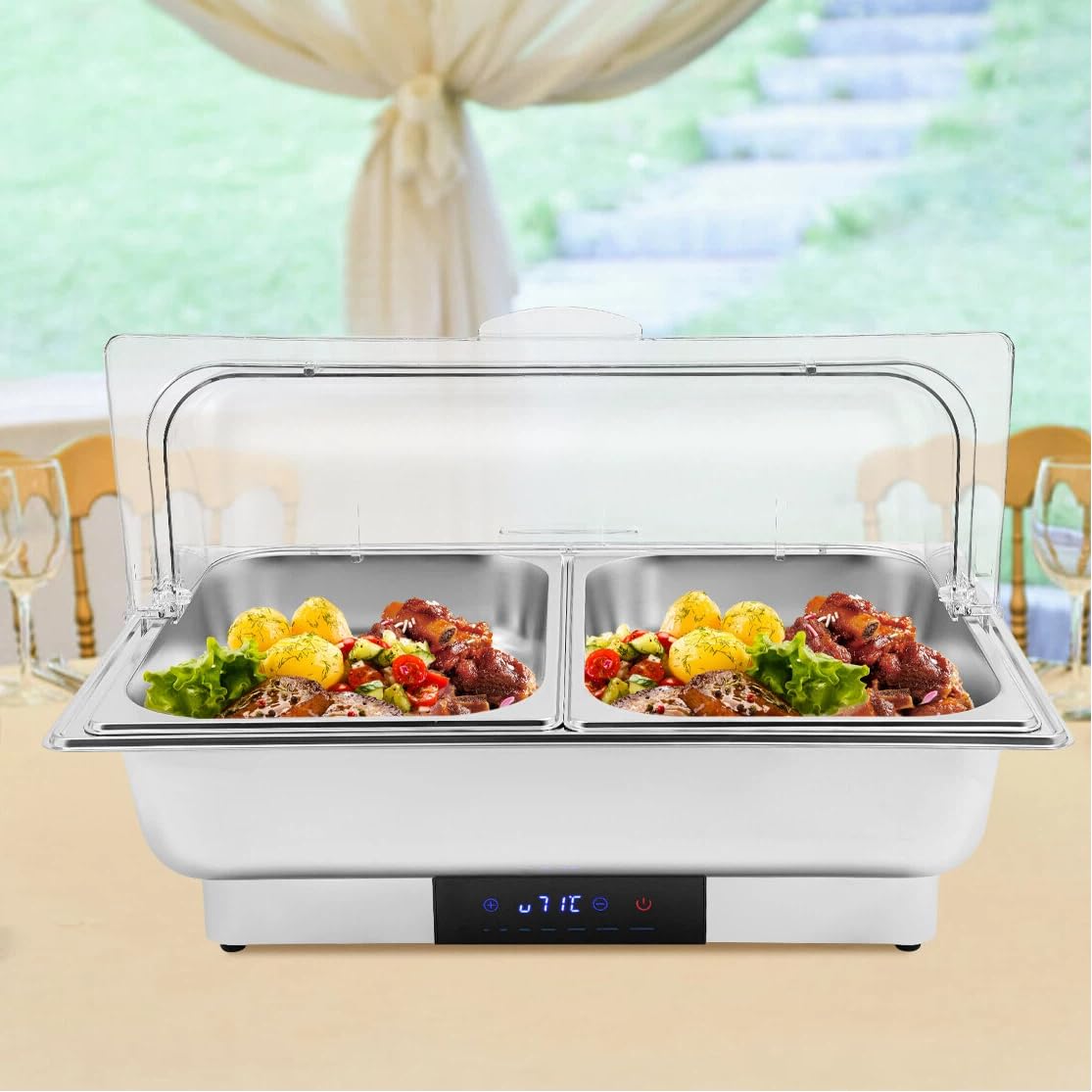 Chafing Dish, 35 ~ 90 ℃, 9 l, piastra elettrica per buffet, in acciaio inox, con display, per buffet, catering, matrimoni, cene di famiglia (due scomparti)