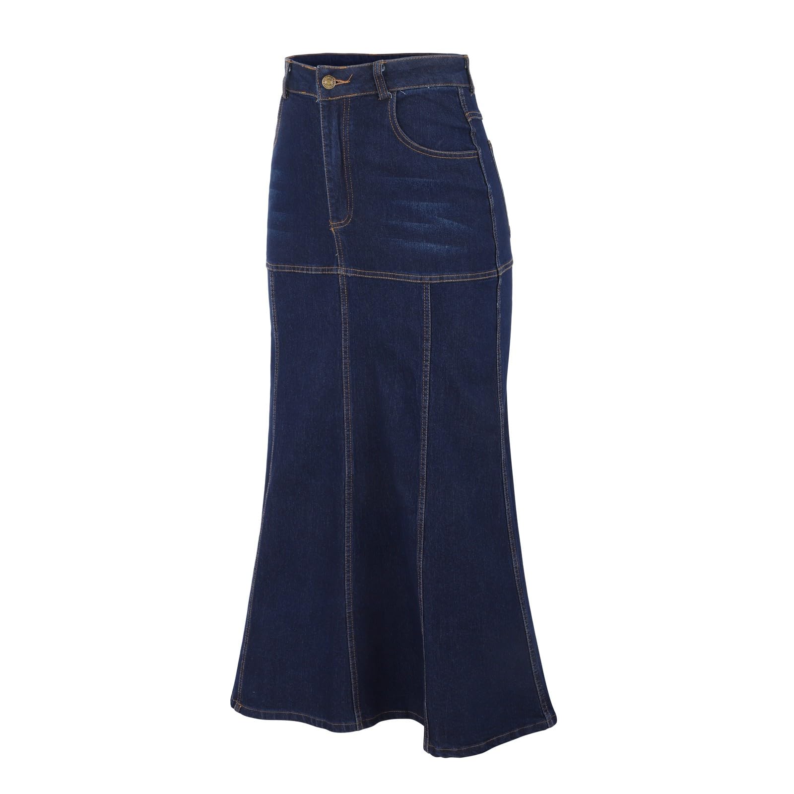 Falda vaquera para mujer hasta la rodilla, falda midi para mujer: elegante falda larga de cintura alta, falda acampanada con bolsillos y tira de botones, falda holgada de verano, falda plisada