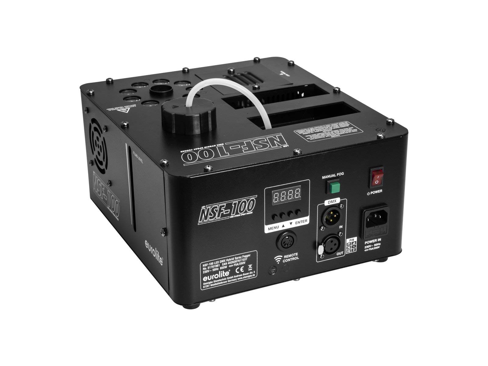 EUROLITE NSF-100 LED DMX Hybrid Spray Fogger | DMX-Nebelmaschine mit 850 Watt, LED-Beleuchtung, senkrechtem Ausstoß
