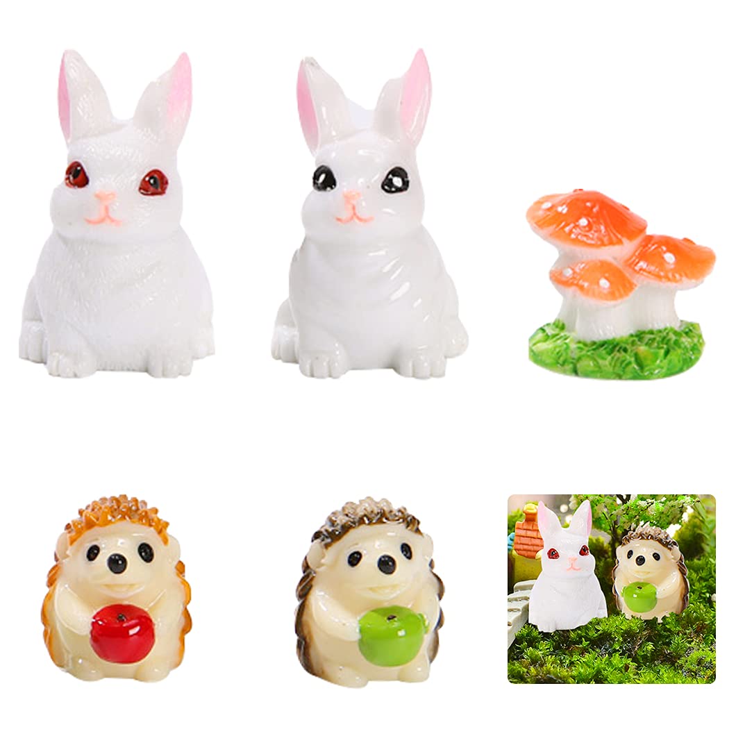 Rolin Roly 5 Pcs Miniature Rabbit Ornament Micro Landscape Decoration Mini Resin Hedgehog Mushroom Ornaments Micro Landscape Accessories for Fairy Garden Home Crafts Decorations