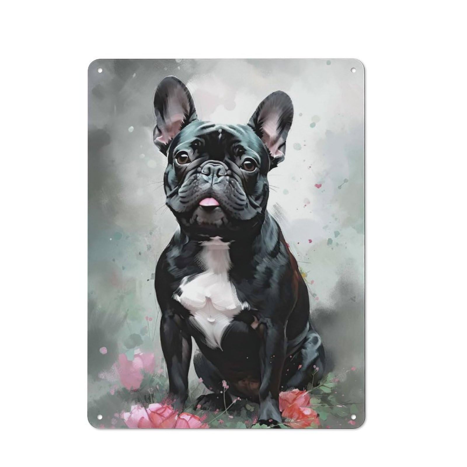 Junmoney Style-15 Tin Wall Plaque 40X30cm With French Bulldog Dog Flowers For Hallway Wall, With Clear Retro Wall Decor Character