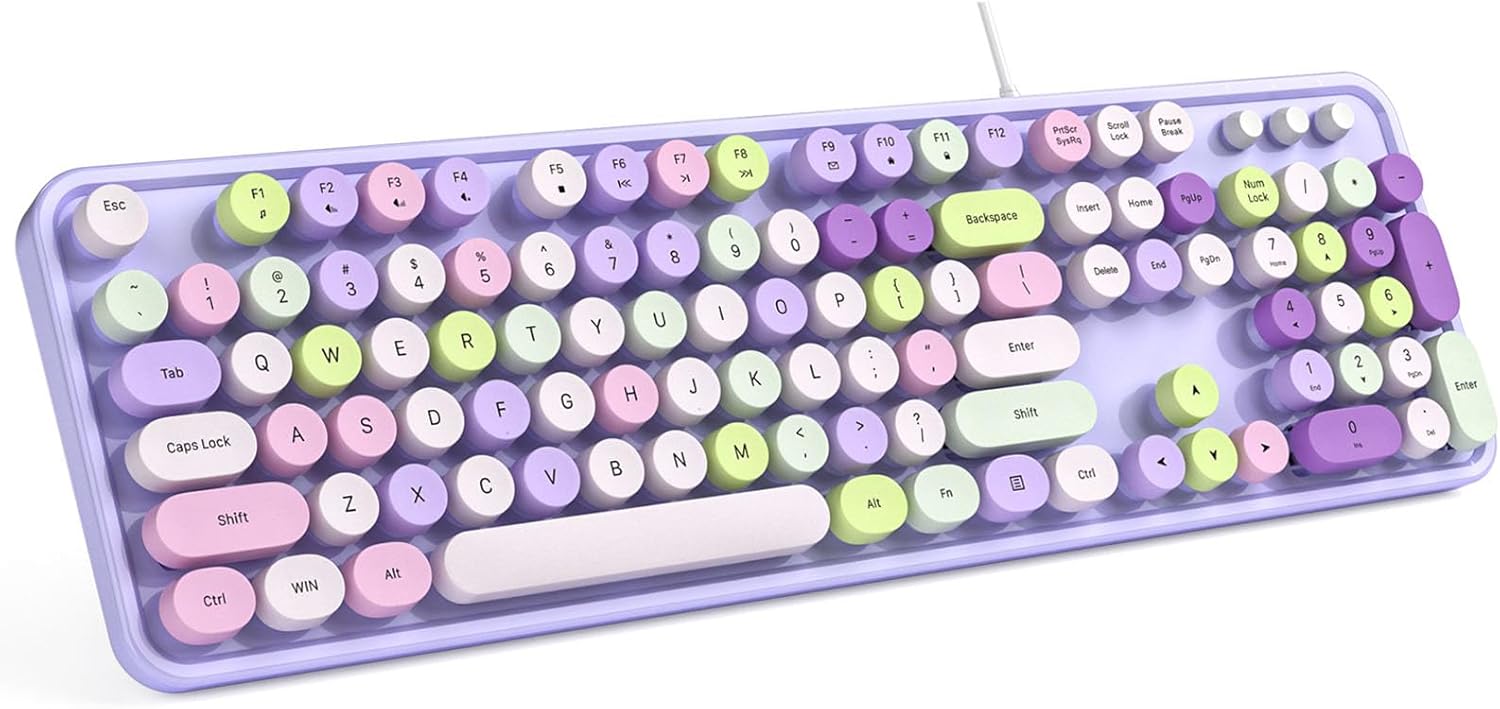 MOFII Computer Keyboard Wired, USB Plug Play Round Key Retro Typewriter Keyboard, Office Full Size Keyboard with Foldable Stands for Laptop PC Windows- Purple Colorful