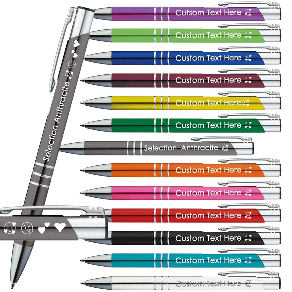 Juwelier Schönschmied Ballpoint Pens with Engraving | Emojis Engraving Possible | 13 Colours | Promotional Ballpoint Pens with Desired Engraving | Personalised Pens (Anthracite, 25)