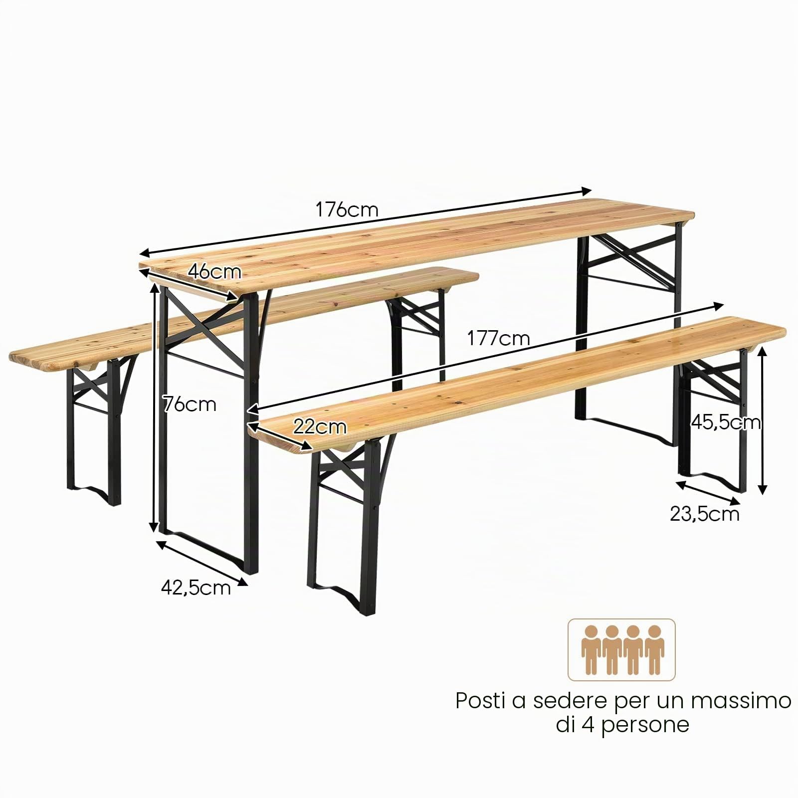 FANTASK Set di 3 tavoli da campeggio con 2 panche, set di tavoli da campeggio, telaio in metallo, tavolo da picnic, per terrazza e giardino, 178 x 46 x 76 cm