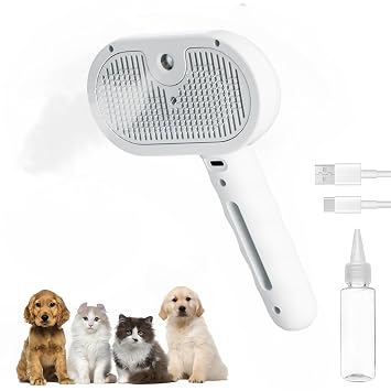 Pet Steam Brush for Cats and Dogs, 3 In 1 Steamy Cat Brush with Release Button and Tank, Anti-Static Pet Spray Hair Removal Comb, Rechargeable Dog Steam Comb for Furry White