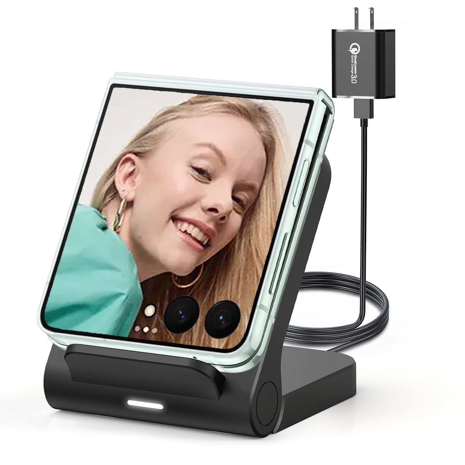 Geyo Wireless Charger for Samsung Galaxy Z Flip, 15W Fast Wireless Charging Stand, Compatible with Z Flip 7/6/5/4, for Motorola Razr/Razr+/Razr Ultra 2025, Non-Fold (QC3.0 Adapter Included) Black