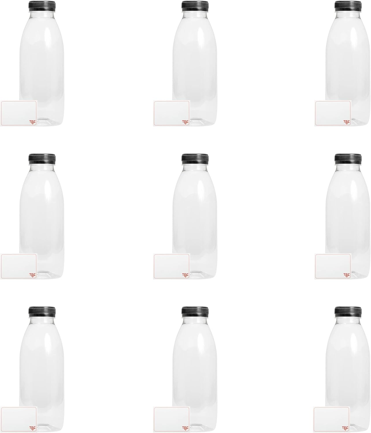 TEC Botella de jugo de 330 ml con tapas, de plástico redondo y transparente para mascotas, pequeños recipientes reutilizables para nevera, jugos, paquete múltiple en paquetes a granel (9)