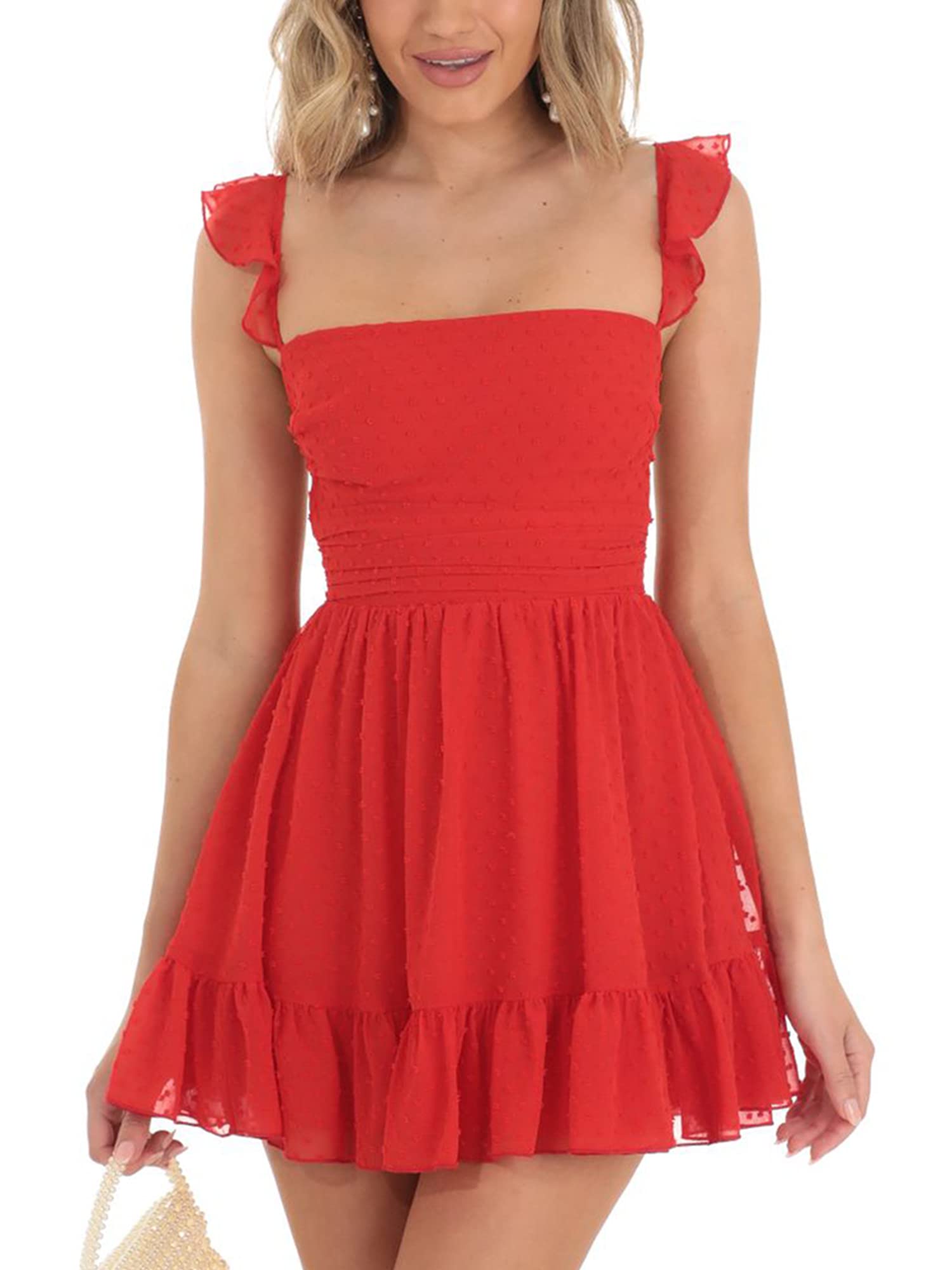 Fiacafyo Women Spaghetti Strap Short Dress Lace Short Sleeve Mini Dress Fairy Ruffles Aline Minidress Backless Sundress (A-Red, M)