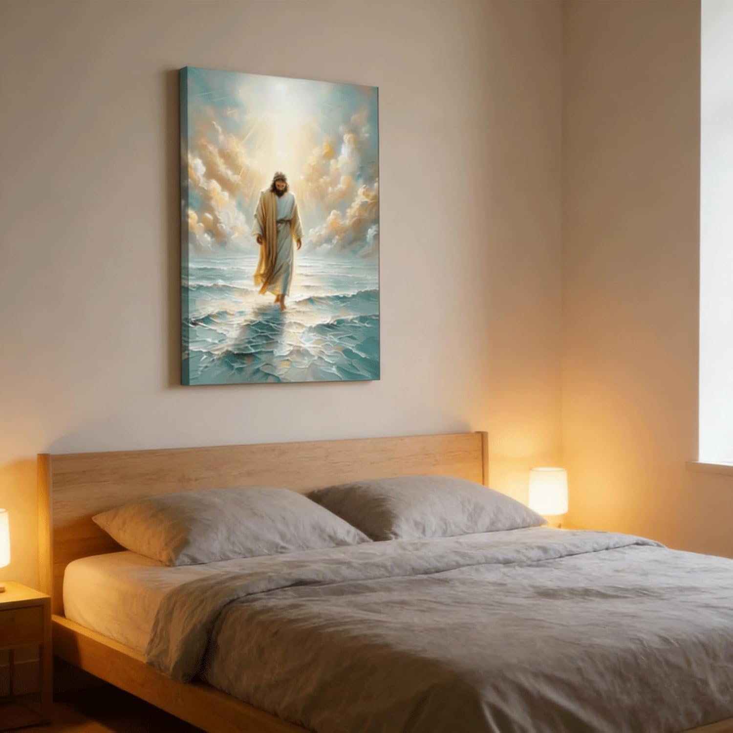 Jesus Walks On Water Canvas Wall Art Christian Bible Stories Wall Decor Picture Divine Light Modern Religious Poster Prints for Living Room Bedroom Church Home Decoration 16x24in Ready To Hang