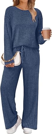 Womens 2 Piece Lounge Pajama Sets Fall Pajamas for Women Set Ribbed Knit Outfits Long Sleeve Casual Sweatsuits